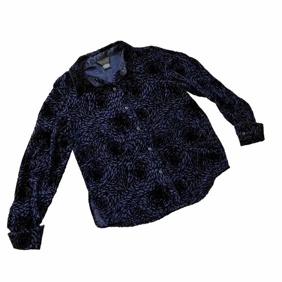 Mantles Petite Silk Blend Burnout Velvet Shirt Navy Sheer Rose Pattern Blouse - Picture 3 of 8